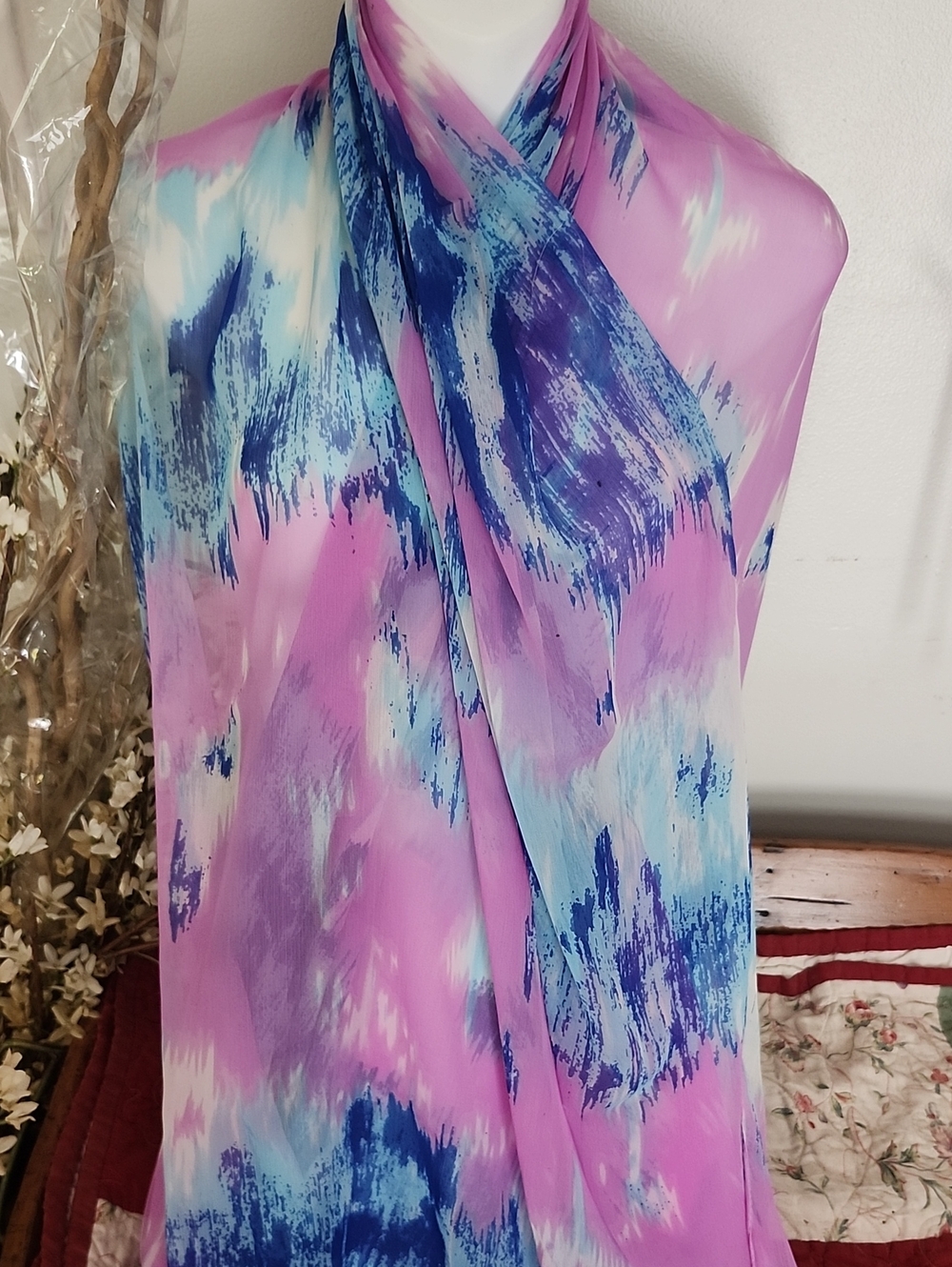 MADE Of Me Pink and Blue Tie-Dye Wrap, Scarf, Shawl, Cover-Up 33 X 80 Inches